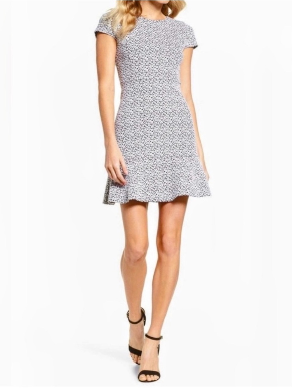 Michael Kors Cap-Sleeve Floral Fit-and-Flare Dress in White and Black